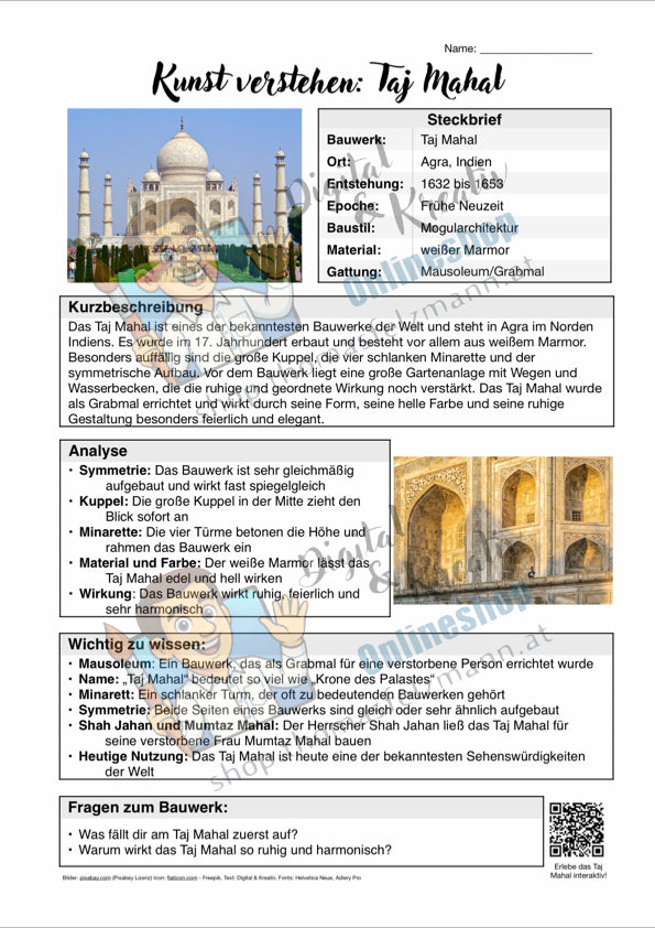 Taj Mahal Infoblatt