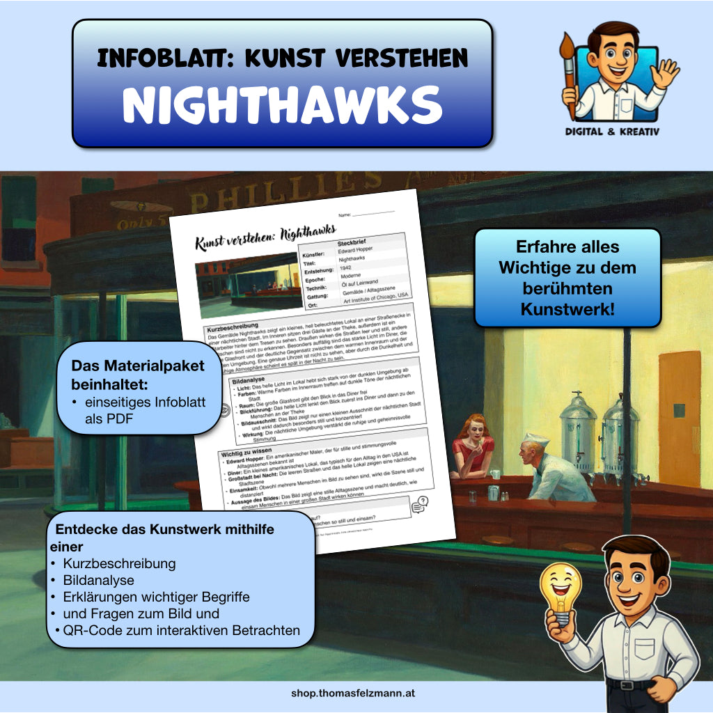Kunst verstehen: Nighthawks | Infoblatt zu einem berühmten Kunstwerk (1 Seite PDF)