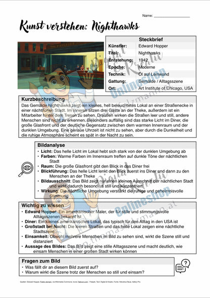 Kunst verstehen: Nighthawks | Infoblatt zu einem berühmten Kunstwerk (1 Seite PDF)