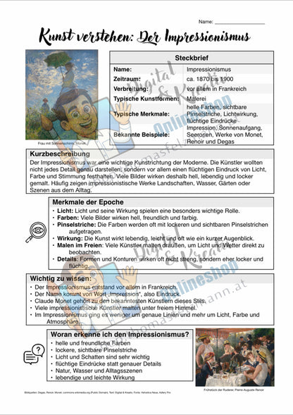 Kunst verstehen: Der Impressionismus | Infoblatt zu einer wichtigen Kunstepoche (2 Seiten PDF)