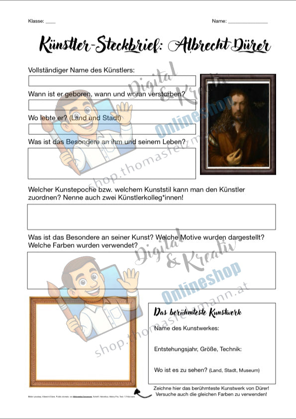 Künstler-Steckbrief: Albrecht Dürer | Recherche-Arbeitsblatt PDF für die Sekundarstufe I