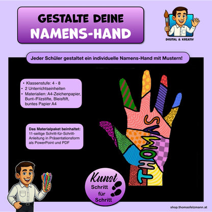 Kunstprojekt „Namens-Hand“ – Schritt-für-Schritt-Anleitung zum Schulanfang (11 Seiten)