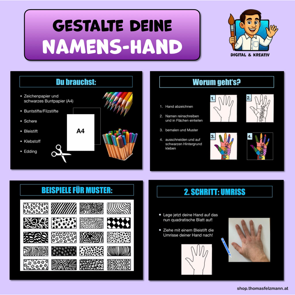 Kunstprojekt „Namens-Hand“ – Schritt-für-Schritt-Anleitung zum Schulanfang (11 Seiten)