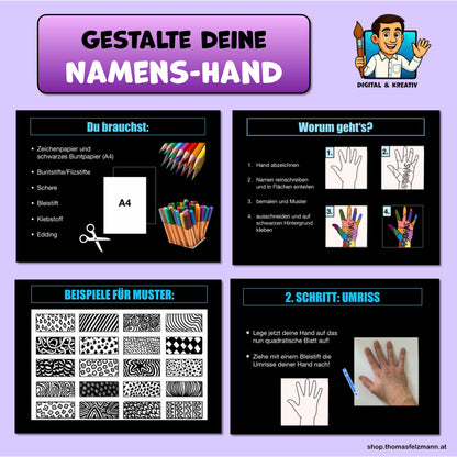 Kunstprojekt „Namens-Hand“ – Schritt-für-Schritt-Anleitung zum Schulanfang (11 Seiten)