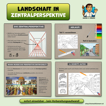 Zentralperspektive Starterpaket: Infopräsentation, Arbeitsblatt und Kunstprojekt