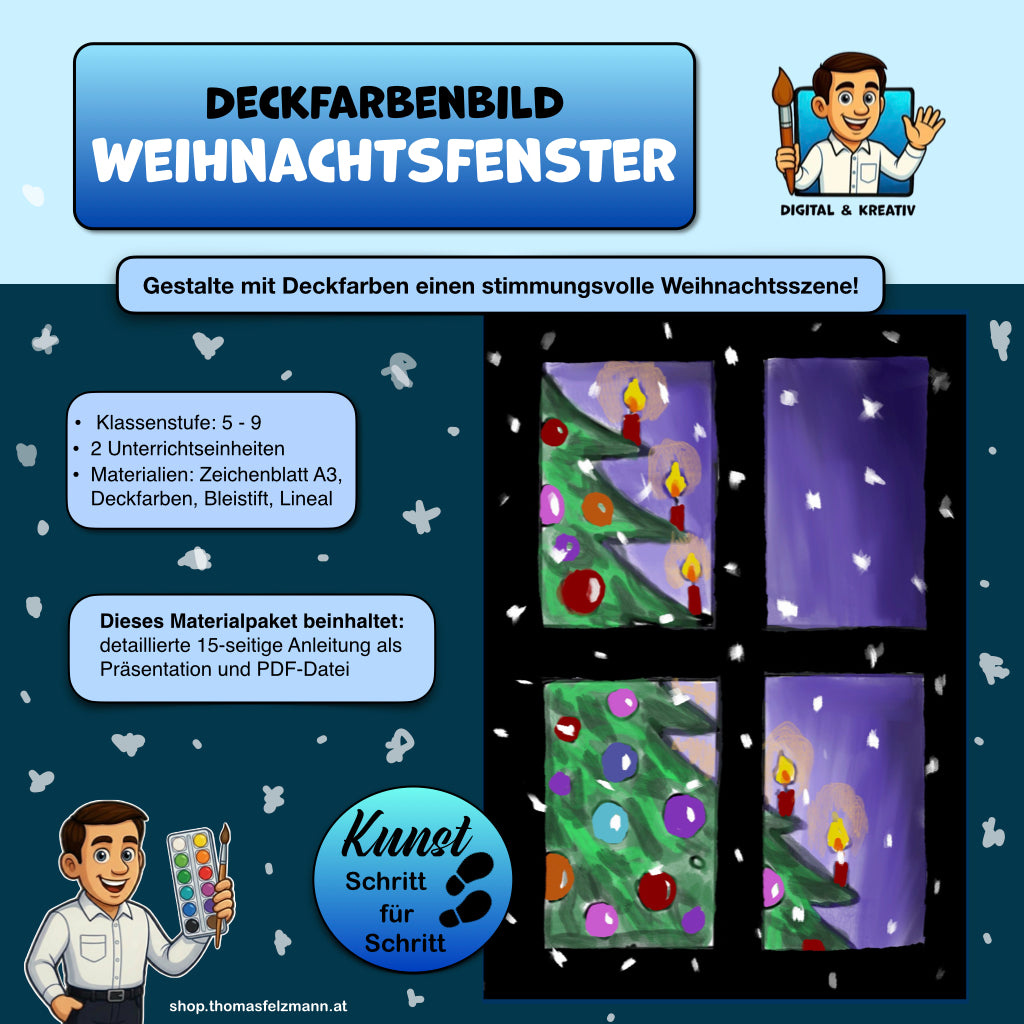 Weihnachtsfenster: Wasserfarben-Bild mit Christbaum und Schneeflocken