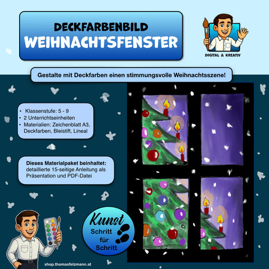 Weihnachtsfenster: Wasserfarben-Bild mit Christbaum und Schneeflocken