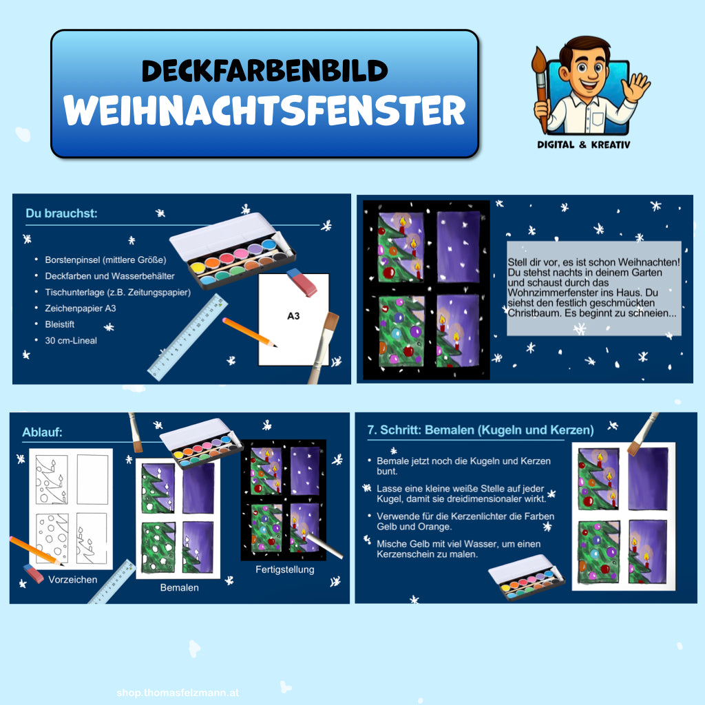 Weihnachtsfenster: Wasserfarben-Bild mit Christbaum und Schneeflocken