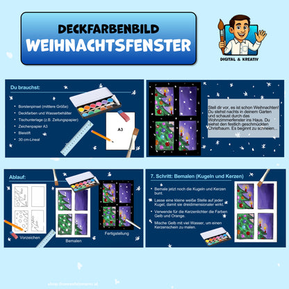 Weihnachtsfenster: Wasserfarben-Bild mit Christbaum und Schneeflocken