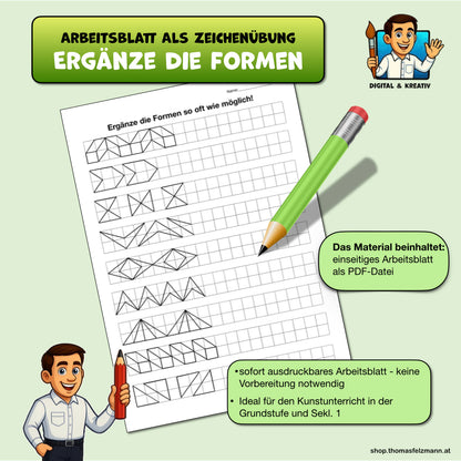 Kostenloses Kreativ-Arbeitsblatt: Formen ergänzen (1 Seite PDF)