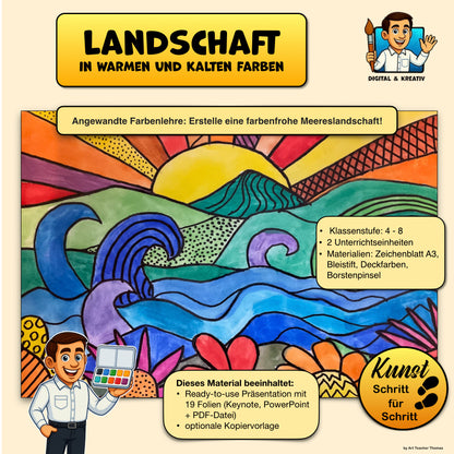 Kunst Schritt für Schritt: Meereslandschaft in warmen und kalten Farben (inkl. Vorlage)