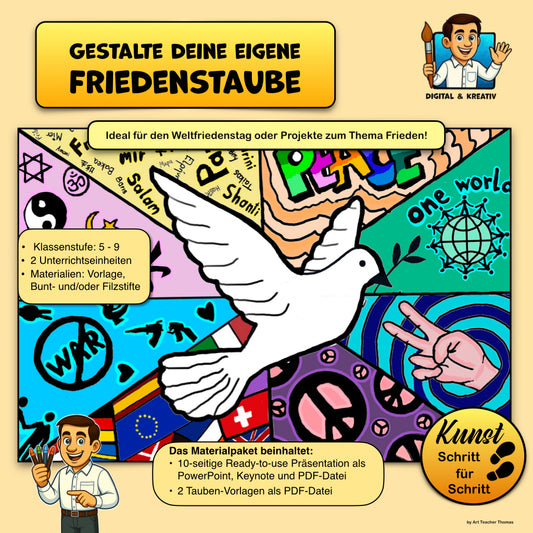 Kunst Schritt für Schritt: Gestalte eine Friedenstaube! (inkl. 2 Vorlagen)
