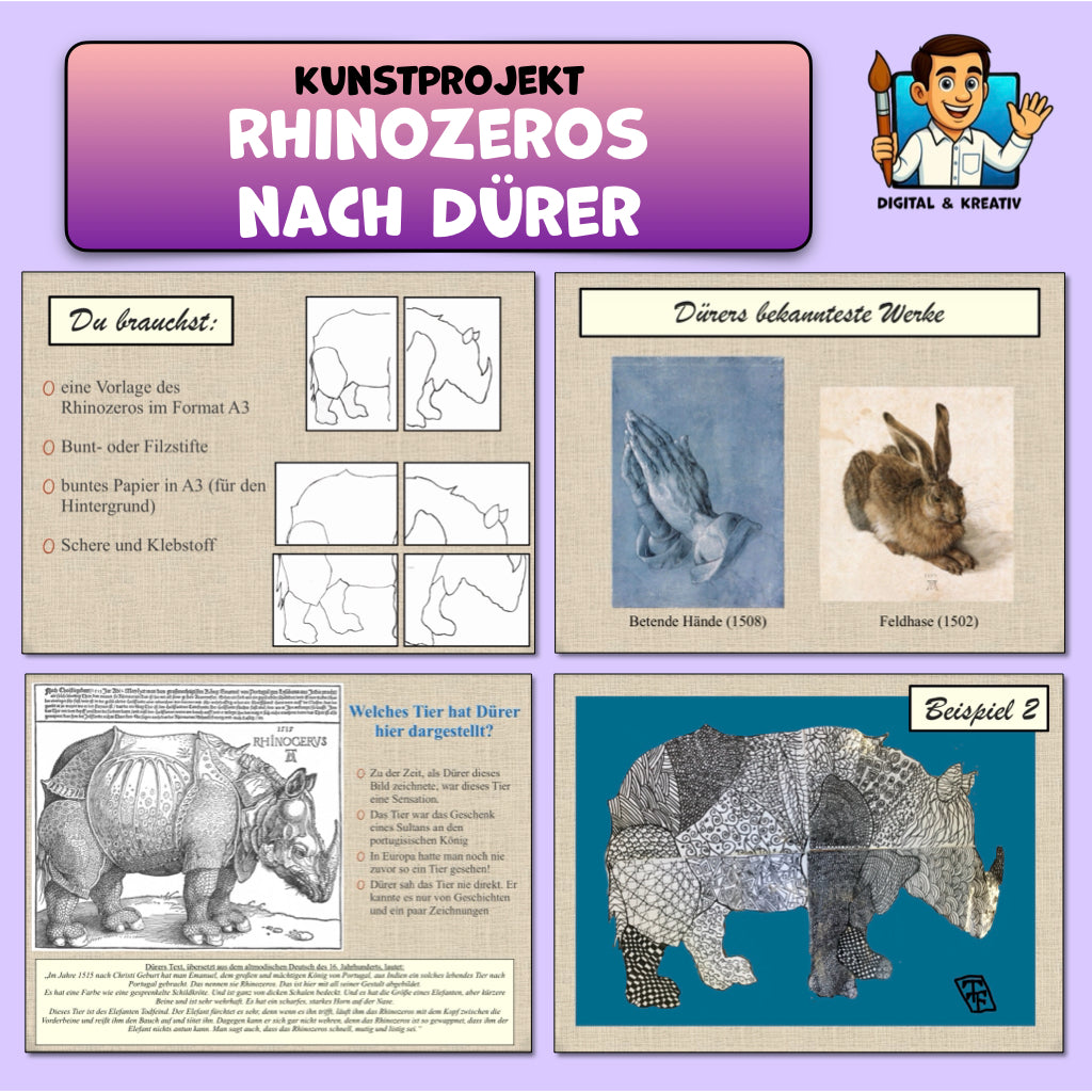 Dürer Rhinozeros – Kunstprojekt als PDF | Musterzeichnung & Gruppenarbeit