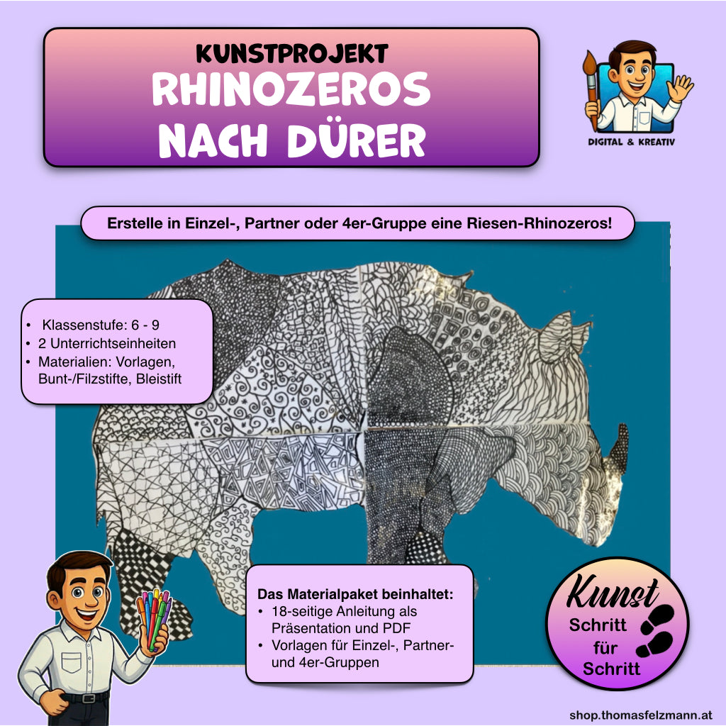 Albrecht Dürer Rhinozeros Kunstprojekt (24 Seiten) | Musterzeichnung + Gruppenarbeit | PowerPoint + PDF
