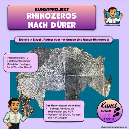 Albrecht Dürer Rhinozeros Kunstprojekt (24 Seiten) | Musterzeichnung + Gruppenarbeit | PowerPoint + PDF