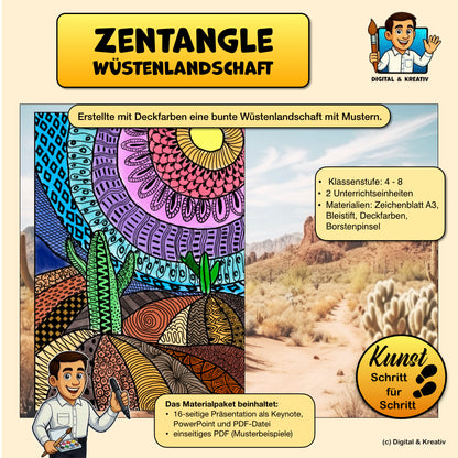 Kunstprojekt „Zentangle Wüstenlandschaft“ – Muster zeichnen & Landschaft gestalten Schritt für Schritt (17 Seiten)