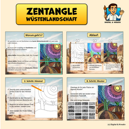 Kunstprojekt „Zentangle Wüstenlandschaft“ – Muster zeichnen & Landschaft gestalten Schritt für Schritt (17 Seiten)