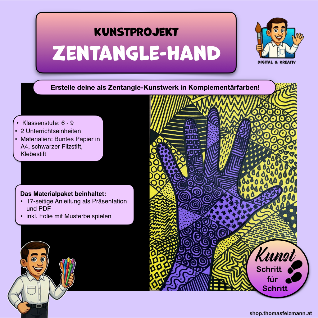Zentangle-Hand in Komplementärfarben Kunstprojekt (17 Seiten) | PowerPoint + PDF