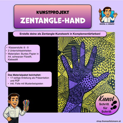 Zentangle-Hand in Komplementärfarben Kunstprojekt (17 Seiten) | PowerPoint + PDF