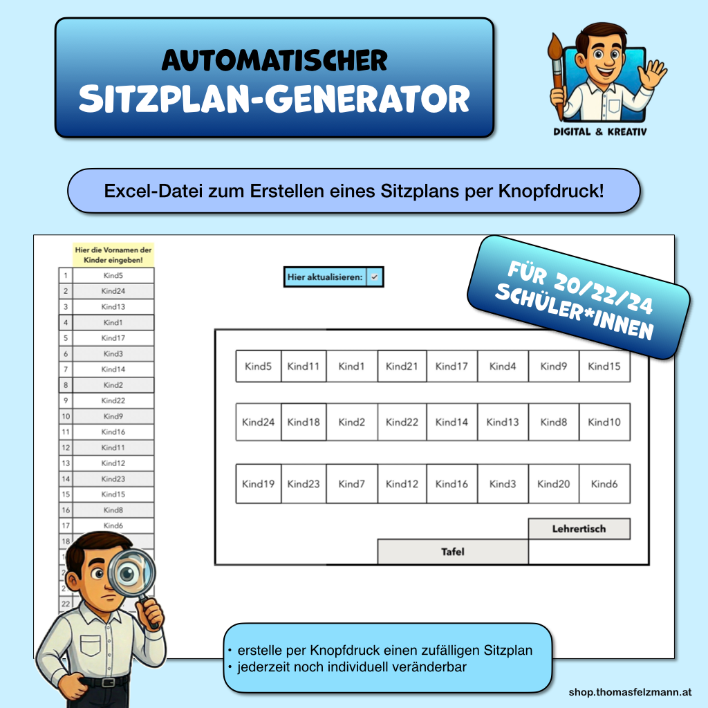 Sitzplan Generator für die Klasse | Excel Vorlage für 20, 22 oder 24 Schüler*innen
