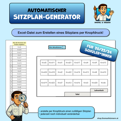 Sitzplan Generator für die Klasse | Excel Vorlage für 20, 22 oder 24 Schüler*innen