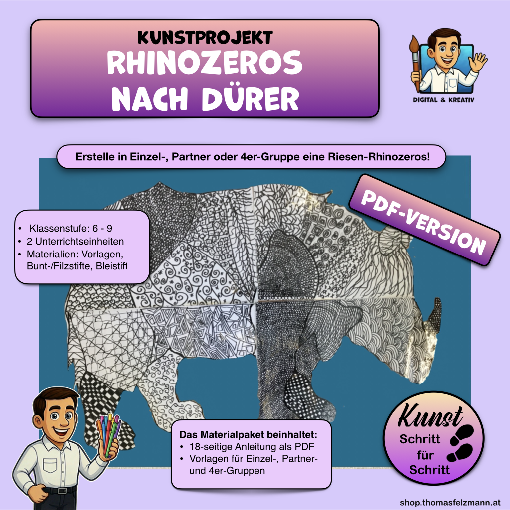 Dürer Rhinozeros – Kunstprojekt als PDF | Musterzeichnung & Gruppenarbeit
