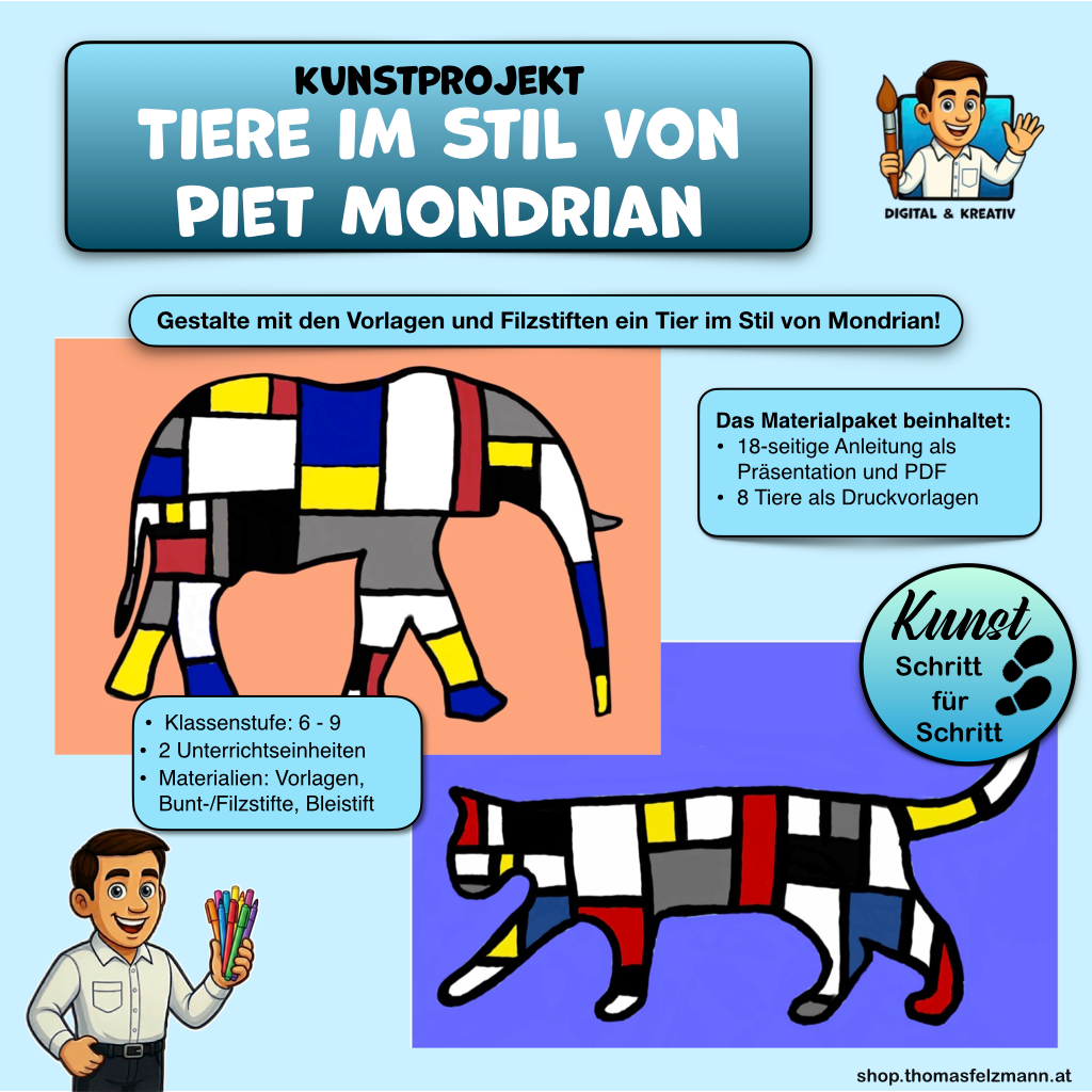 Abstraktes Kunstwerk nach Mondrian Kunstprojekt (15 Seiten) | PowerPoint + PDF