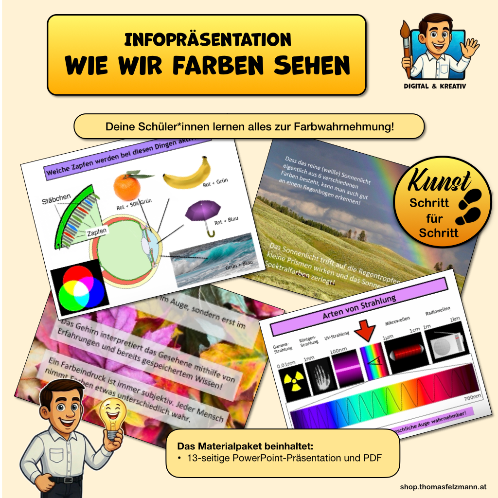 Wie sehen wir Farben? Farbenlehre einfach erklärt (13 Seiten) | PowerPoint + PDF