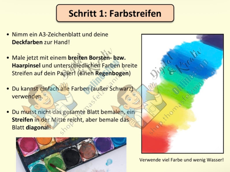 Regenbogen-Scherenschnitt Kunstprojekt (12 Seiten) | Deckfarbenmalerei + Collage | PowerPoint + PDF