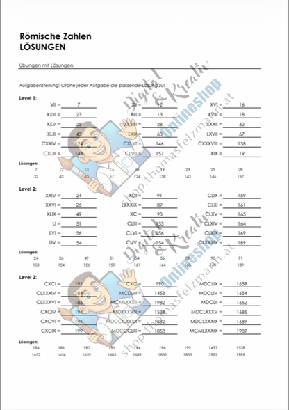 Römische Zahlen kostenlos: Aufgaben mit Lösungen als PDF