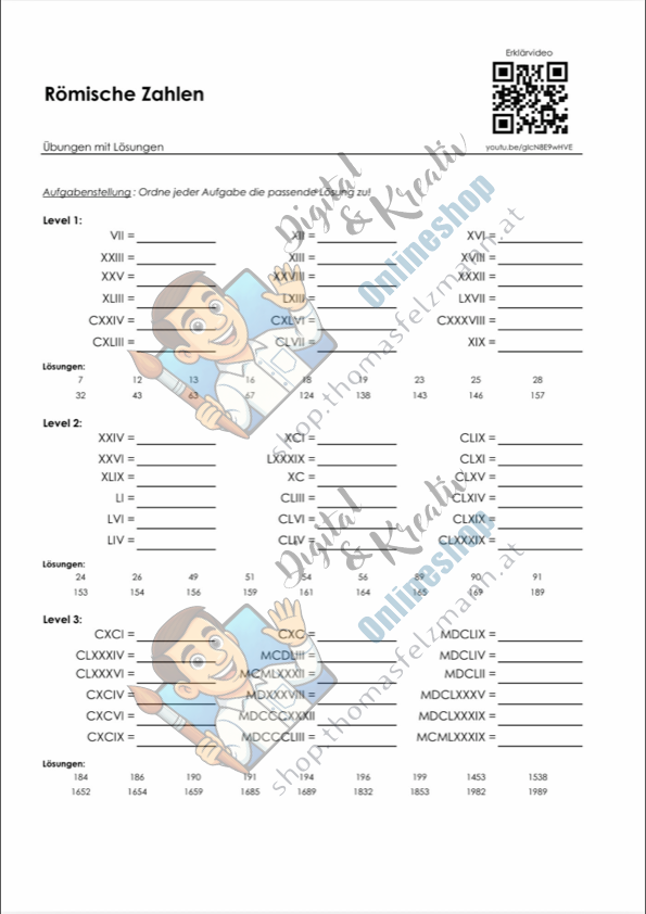 Römische Zahlen kostenlos: Aufgaben mit Lösungen als PDF