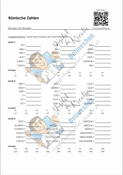 Römische Zahlen kostenlos: Aufgaben mit Lösungen als PDF