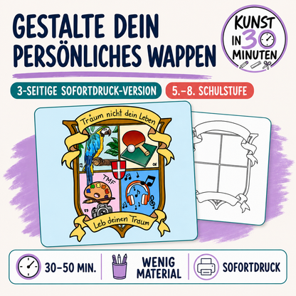 Gestalte dein persönliches Wappen – Kunst in 30 Minuten | 3-seitige Sofortdruck-Version