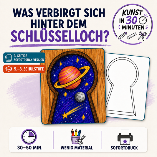 Was verbirgt sich hinter dem Schlüsselloch? – Kunst in 30 Minuten | 3-seitige Sofortdruck-Version