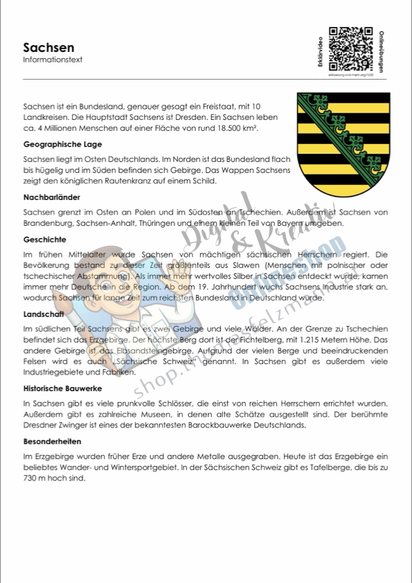 Sachsen Arbeitsblatt (PDF) mit Infotext, Übungen, Landkarte, Lösungen und QR-Codes | 7 Seiten
