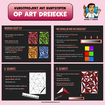Op-Art Dreiecke: Buntstiftzeichnung mit 3D-Effekt