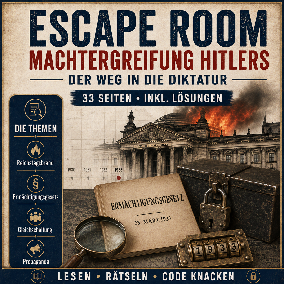 Escape-Room: Machtergreifung Hitlers Arbeitsheft (33 Seiten) | inkl. Lösungen | PDF