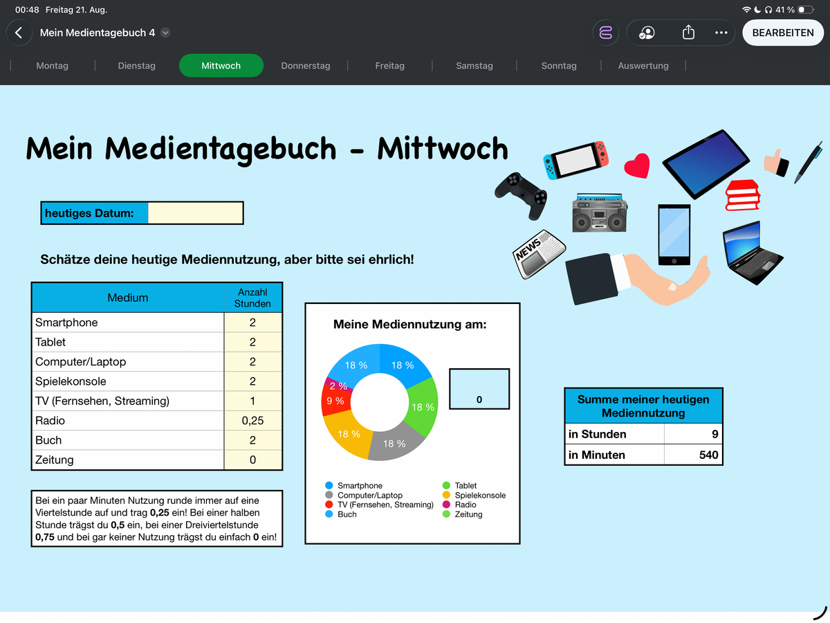 Medientagebuch Excel-Vorlage | Mediennutzung reflektieren