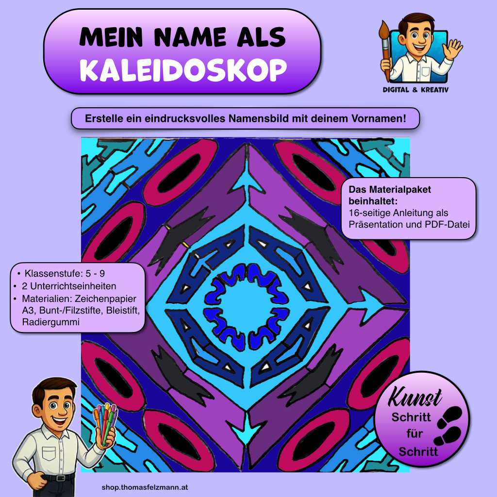 Mein Name als Kaleidoskop – Kunstprojekt mit Achsensymmetrie (16-seitige Anleitung | PowerPoint + PDF)