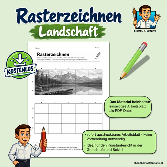Rasterzeichnen Landschaft – kostenloses Arbeitsblatt für den Kunstunterricht