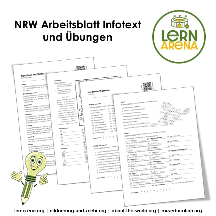 Nordrhein-Westfalen Arbeitsblatt (PDF) mit Infotext, Übungen, Landkarte, Lösungen und QR-Codes | 7 Seiten