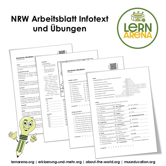 Nordrhein-Westfalen Arbeitsblatt (PDF) mit Infotext, Übungen, Landkarte, Lösungen und QR-Codes | 7 Seiten