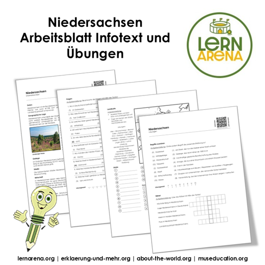 Niedersachsen Arbeitsblatt (PDF) mit Infotext, Übungen, Landkarte, Lösungen und QR-Codes | 9 Seiten