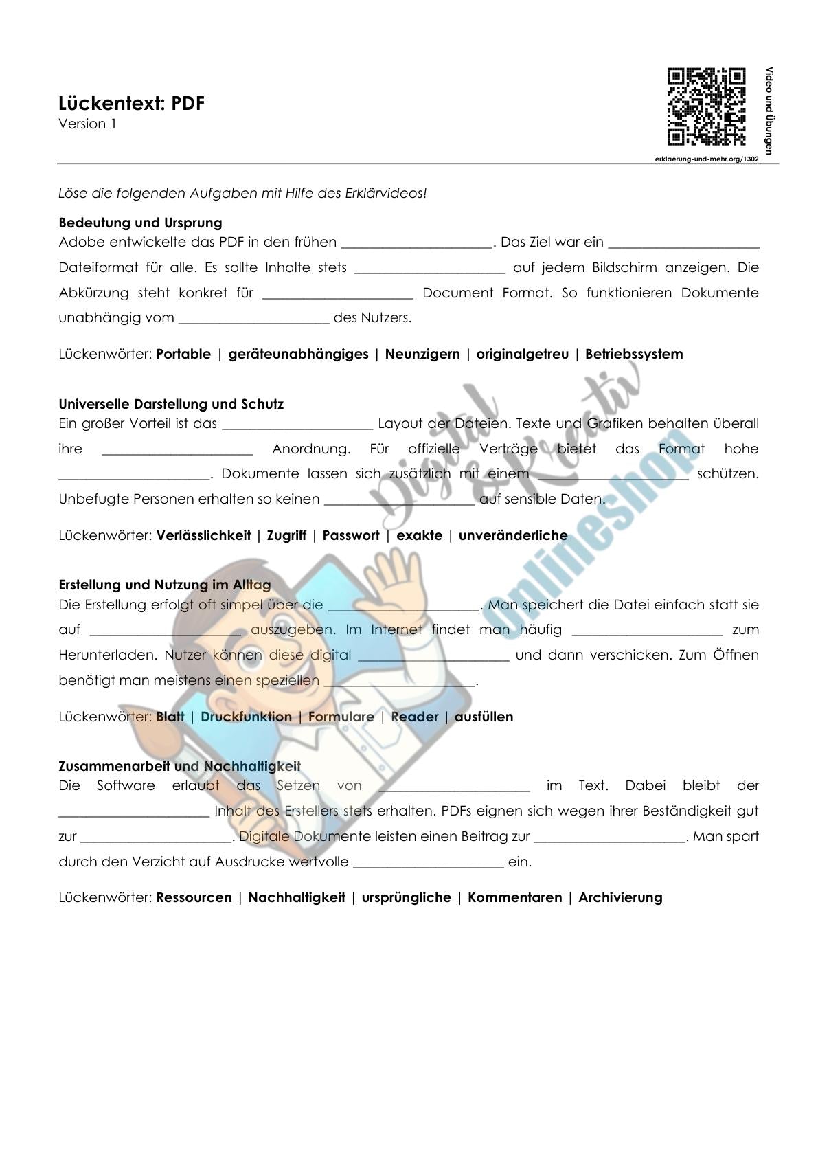 PDF einfach erklärt: Arbeitsblatt mit Lückentext, Übungen und Lösungen (10 Seiten)