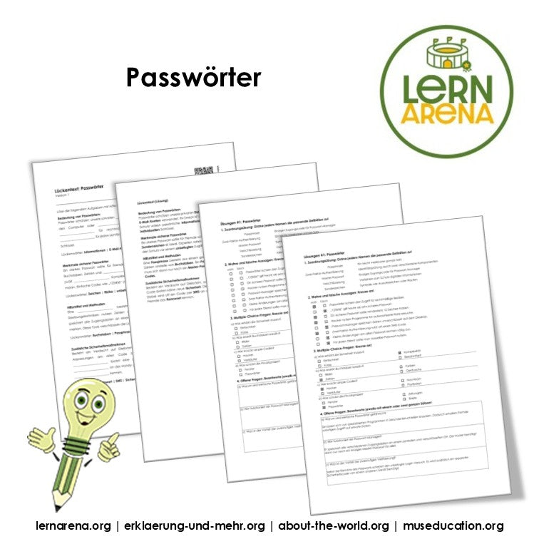 Passwörter Arbeitsheft, 10 Seiten, mit Lösungen und QR-Code zum Erklärvideo