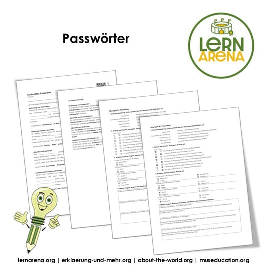 Passwörter Arbeitsheft, 10 Seiten, mit Lösungen und QR-Code zum Erklärvideo