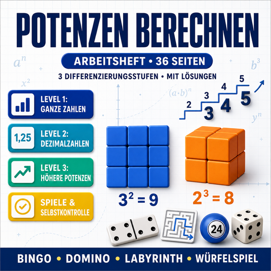 Potenzen berechnen | Arbeitsheft (36 Seiten inkl. Lösungen)