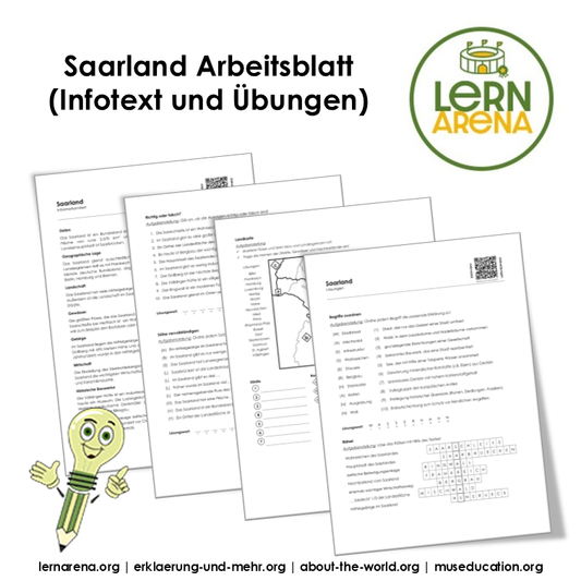 Saarland Arbeitsblatt (PDF) mit Infotext, Übungen, Landkarte, Lösungen und QR-Codes | 9 Seiten