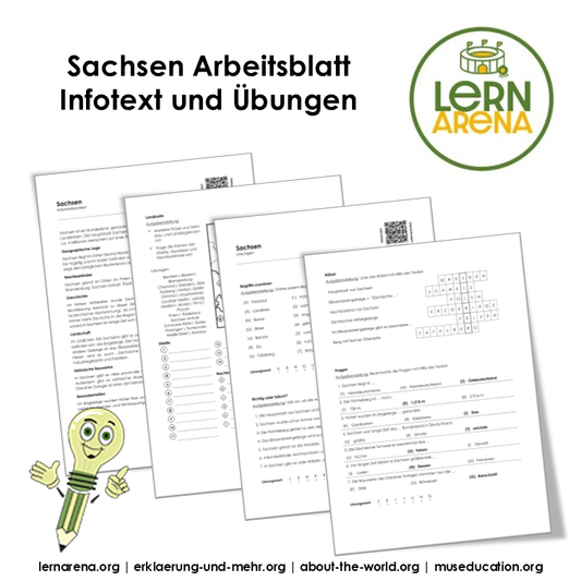Sachsen Arbeitsblatt (PDF) mit Infotext, Übungen, Landkarte, Lösungen und QR-Codes | 7 Seiten