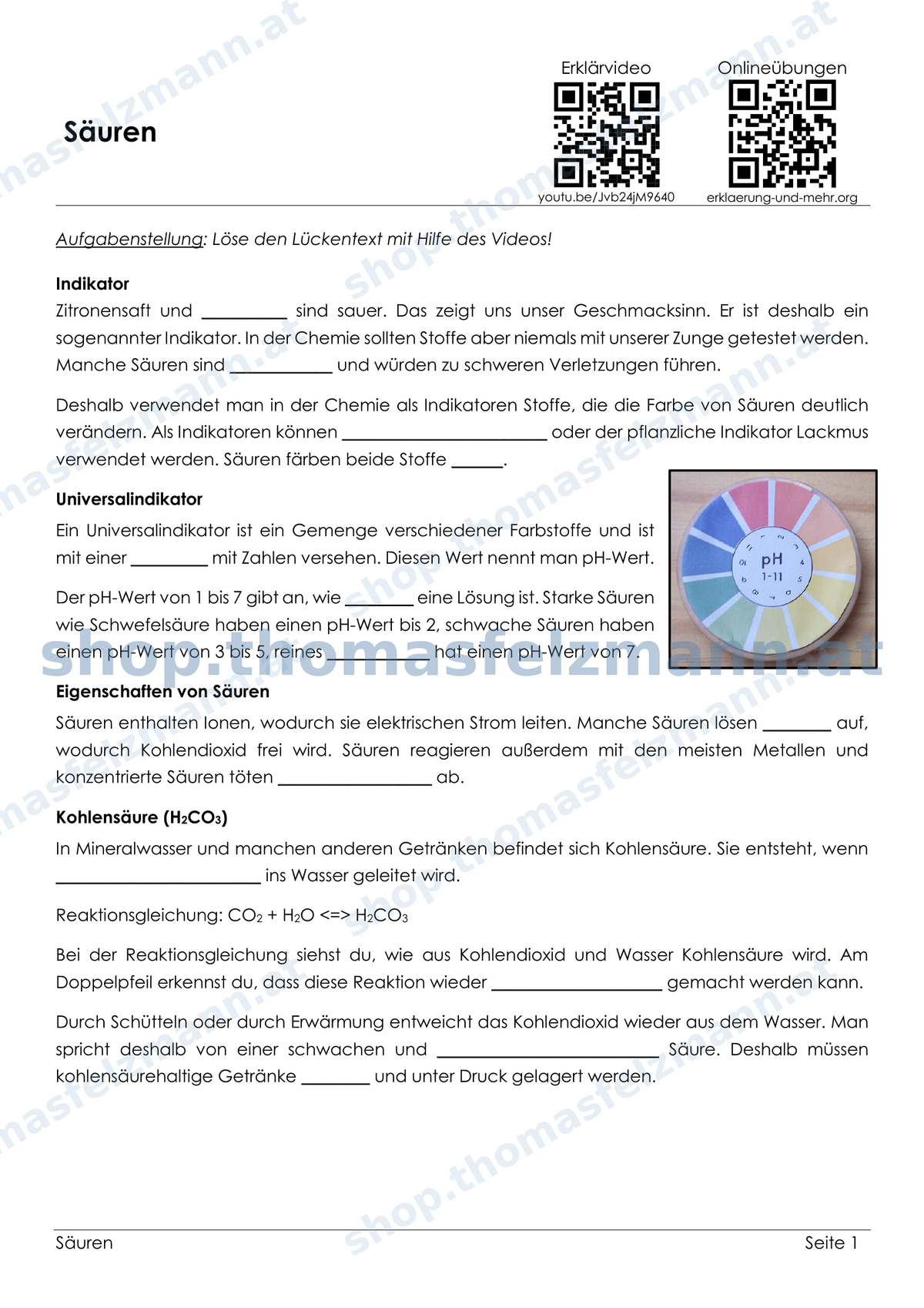 Säuren – 4-seitiges Chemie-Arbeitsheft (PDF)